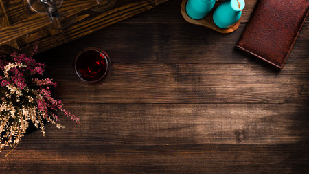 brown wooden background with Copy space Provence Lavender on brown aged wooden table, top view,...