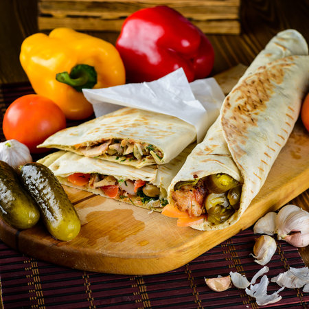 Turkish Shawarma durum Traditional sish kebab wrap and kofte meatball