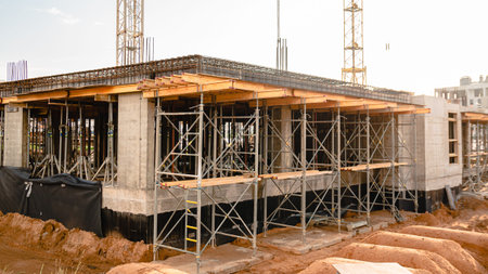 Modern construction site with scaffolding, housing construction frame concrete