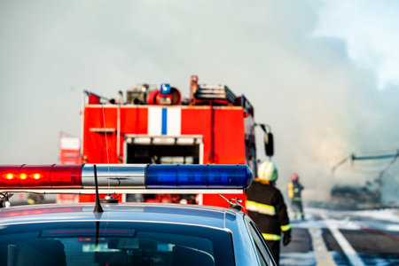 Police begin to shut down a road in preparation for Fire Fighters as a fire burns. police control a...
