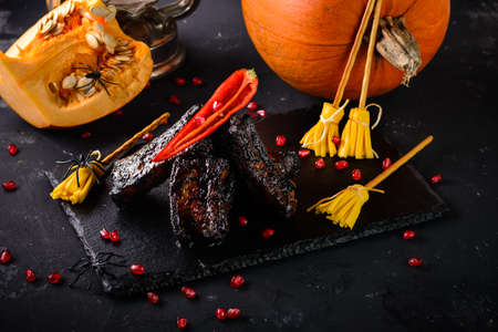 black rib grill for halloween. Menu on Halloween. Autumn and thanksgiving celebration table settingの写真素材
