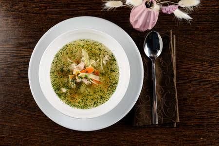 Bourride traditional fish soup, France cuisine close up top view, flat layの写真素材
