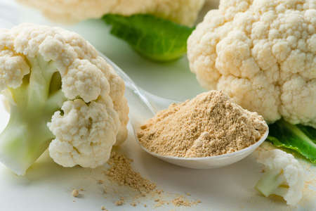 gluten free flour, cauliflower flour, super food dry powder cauliflower close upの写真素材