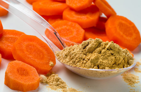 dried carrot powder and fresh carrots, selective focus of super food dry carrot powder closeupの写真素材