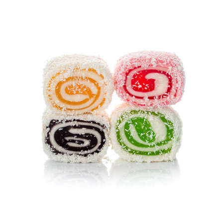 Turkish delight, oriental sweets isolated on white background closeupの写真素材