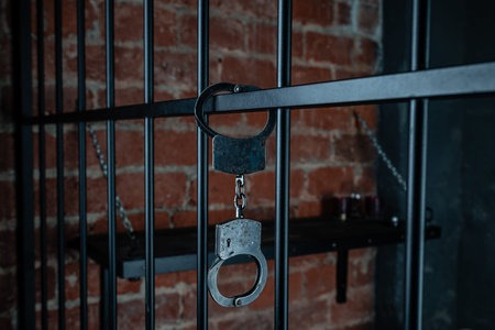 Closeup of handcuffs hanging on jail bars, the handcuffs are hanging on the bars