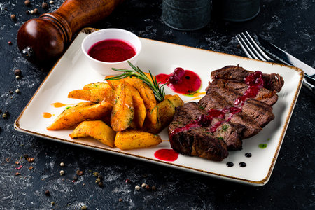 rib eye steak with potatoesの写真素材