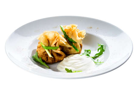 New menu in the cafe. Russian pancakes blini with fresh cream cheese isolated on white backgroundの写真素材