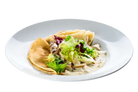 New menu in the cafe. Russian pancakes blini with fresh cream cheese isolated on white backgroundの写真素材