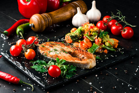 Steam salmon and vegetables, Paleo, keto, fodmap diet on old rustic wooden tableの写真素材