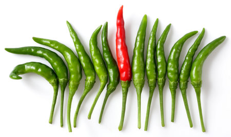 Outstanding red pepper among green pepper (Bird Chilli or Thai pepper)