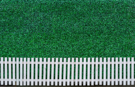 White wooden fence and green leaf backgroundの写真素材