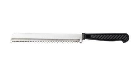 Close up stainless bread knife isolated on white - with path