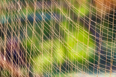 Close up fishing net against sun light with blur green backgroundの写真素材