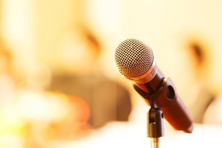 Close up old wireless microphone in conference room, meeting, seminarの写真素材