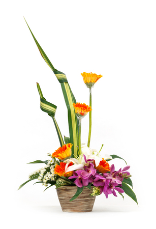 Close up flower bouquet in ceramic pot isolated on white, vanda, gerbera, lily, orchidの写真素材