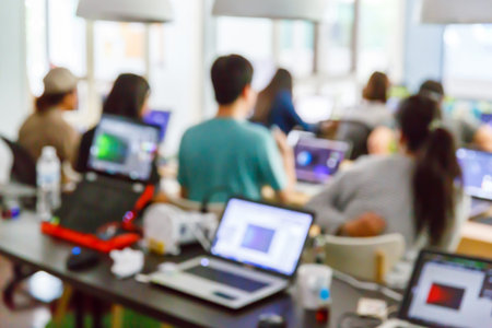 Abstract blur people lecture in seminar room, education or training concept, notebook computer...