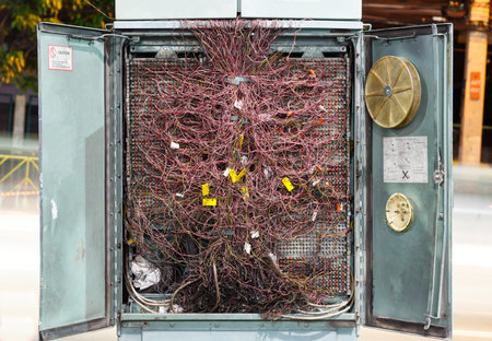 Close up confused or disordered old and dirty cable in private automatic branch exchange cabinet, problem concept, pabxの写真素材
