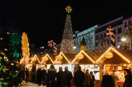 Beautiful lit up Christmas Market at Night in Germanyのeditorial素材