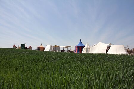Sword of the tent camp on the lawnの写真素材