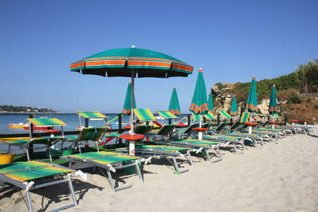 Green umbrellas on the sandy beachの写真素材