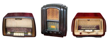 Three vintage wooden radio casing, isolated on white backgroundの写真素材