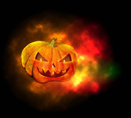 Halloween pumpkin lighted candles glow in the darkの写真素材