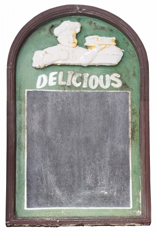 Old wooden menu blackboard isolated on white backgroundの写真素材
