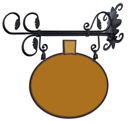 Blank, brown shop sign made of wrought iron isolated on white backgroundの写真素材