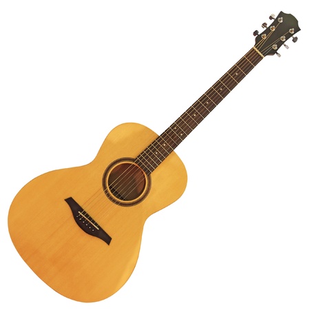 Yellow wooden acoustic guitar isolated on white backgroundの写真素材