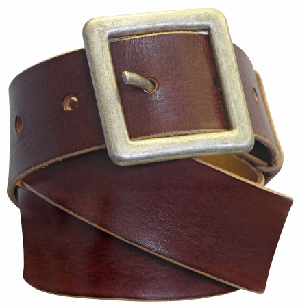 A brown leather belt isolated on white backgroundの写真素材