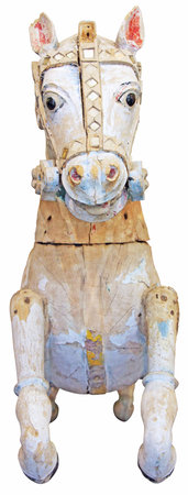 Old wooden horse isolated on white backgroundの写真素材