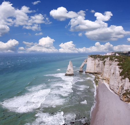 Etretat, natural rock arch wonder, cliff and beach  Normandy, France の写真素材