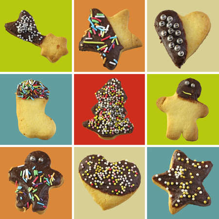 Homemade Christmas cookies of various shapes and colorsの写真素材