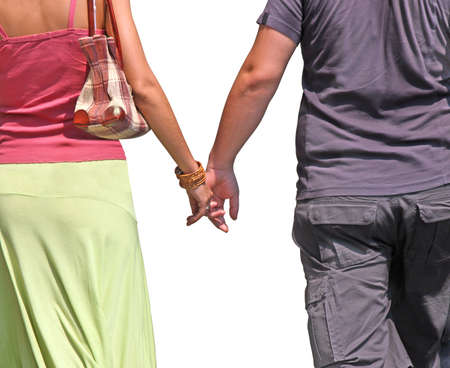 Lovers couple holding hands isolated on white backgroundの写真素材