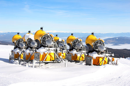 Six yellow Snow Cannons for making snow