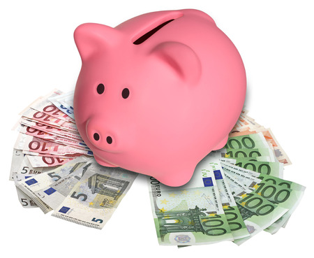 Pink Piggy Bank on a pile euro banknotes の写真素材