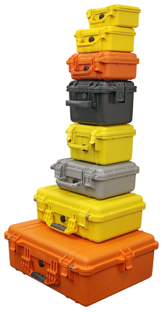 A bunch of multicolored plastic suitcaseの写真素材