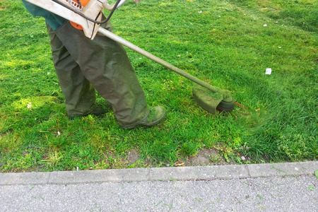 Worker on a motor mower cutting grass in city parkの写真素材