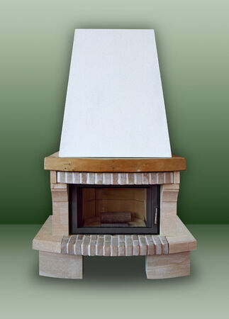 Fireplace made ââof brick and stone,  with white chimney on a green background の写真素材