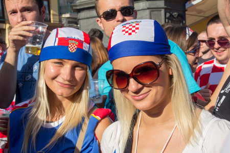ZAGREB, CROATIA - JUNE 14  Croatian football fans on the main square, watching EURO 2012 match Italy vs  Croatia on June 14, 2012 in Zagreb, Croatiaのeditorial素材