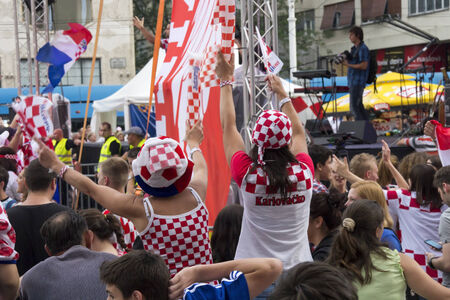 ZAGREB, CROATIA - JUNE 14  Croatian football fans on the main square, watching EURO 2012 match Italy vs  Croatia on June 14, 2012 in Zagreb, Croatiaのeditorial素材
