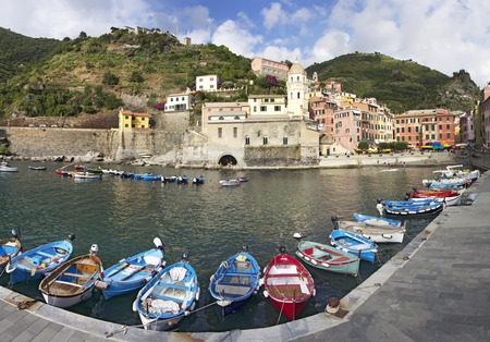 Boats in the harbor at Vernaza, Italy in the Cinque Terreの写真素材