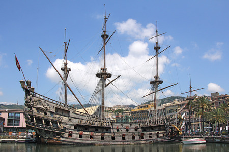 Galeone Neptune old wooden ship, tourist attraction in Genoaのeditorial素材