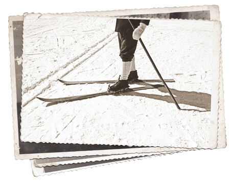 Vintage photos Old wooden skis and leather ski bootsの写真素材