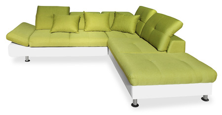 Big green sofa with pillows, isolated on white background with Clipping Pathの写真素材