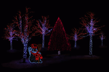 Outdoor night shot of Illuminated trees and Snowman for the perfect Christmas atmosphereの写真素材