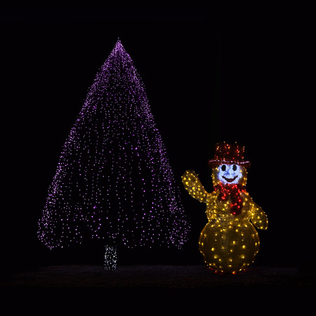 Outdoor night shot of Illuminated Christmas tree and Snowmanの写真素材