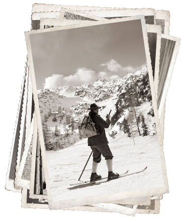 Vintage photos old skier with traditional old wooden skisの写真素材