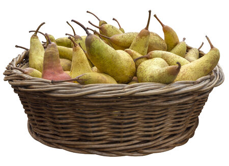 Pears in a wooden basket isolated on white background with Clipping Pathの写真素材